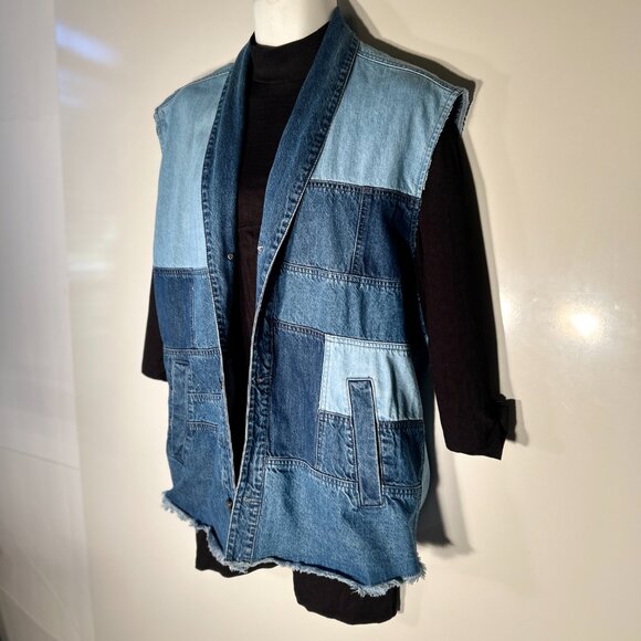 Sun + Stone Mens SZXXL Blue Jean Denim Patchwork Vest Street Style Western Retro - Picture 2 of 10